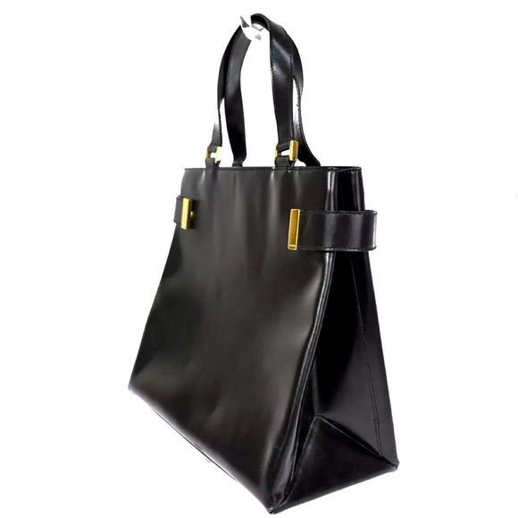 GUCCI Logo Tote Hand Bag  Leather Black Gold Made In Italy Vintage 💕💕 - Picture 2 of 12